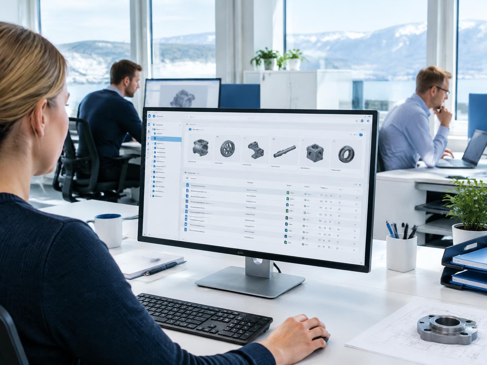 Illustration av ett konstruktionsteam med åtkomst till tekniska dokument och produktinformation