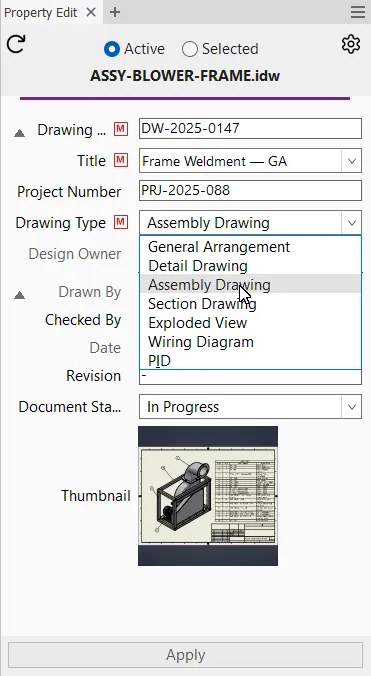 Flow på en ritning med Drawing Type begränsat till listval och skrivskyddat Design Owner